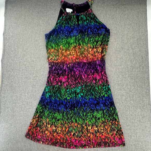 London Times Sleeveless Dress 10 petite Vibrant Colors Halter‎ Neckline Leaves - Picture 1 of 12